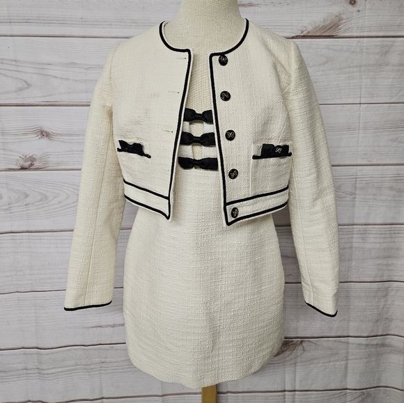 LoveShackFancy Adelaide Tweed And Bow Mini Dress In Cream And Black Sz 6 - Picture 6 of 13